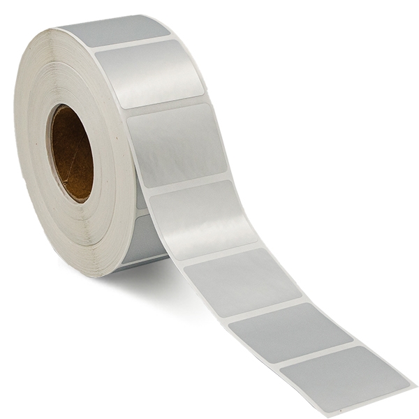 Silver polyester etiketter, på rulle, 40x30 mm